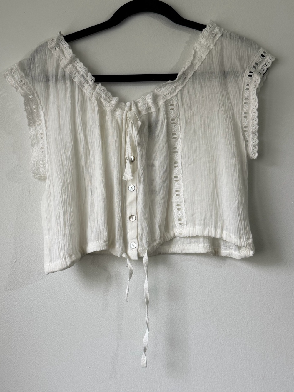 Angel Kiss White Lace-Trim Button Crop Top